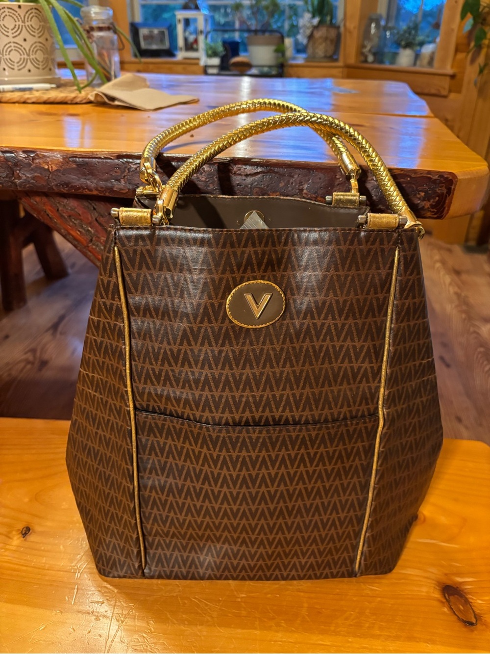Vintage Valentino Monogram Tote with Gold Handles